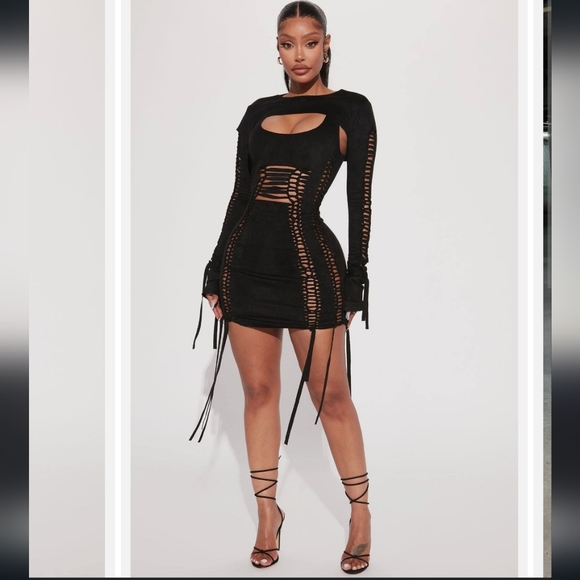 yovanna mini dress set - black Giavanna Mixed Media Halter Mini Dress main image 0